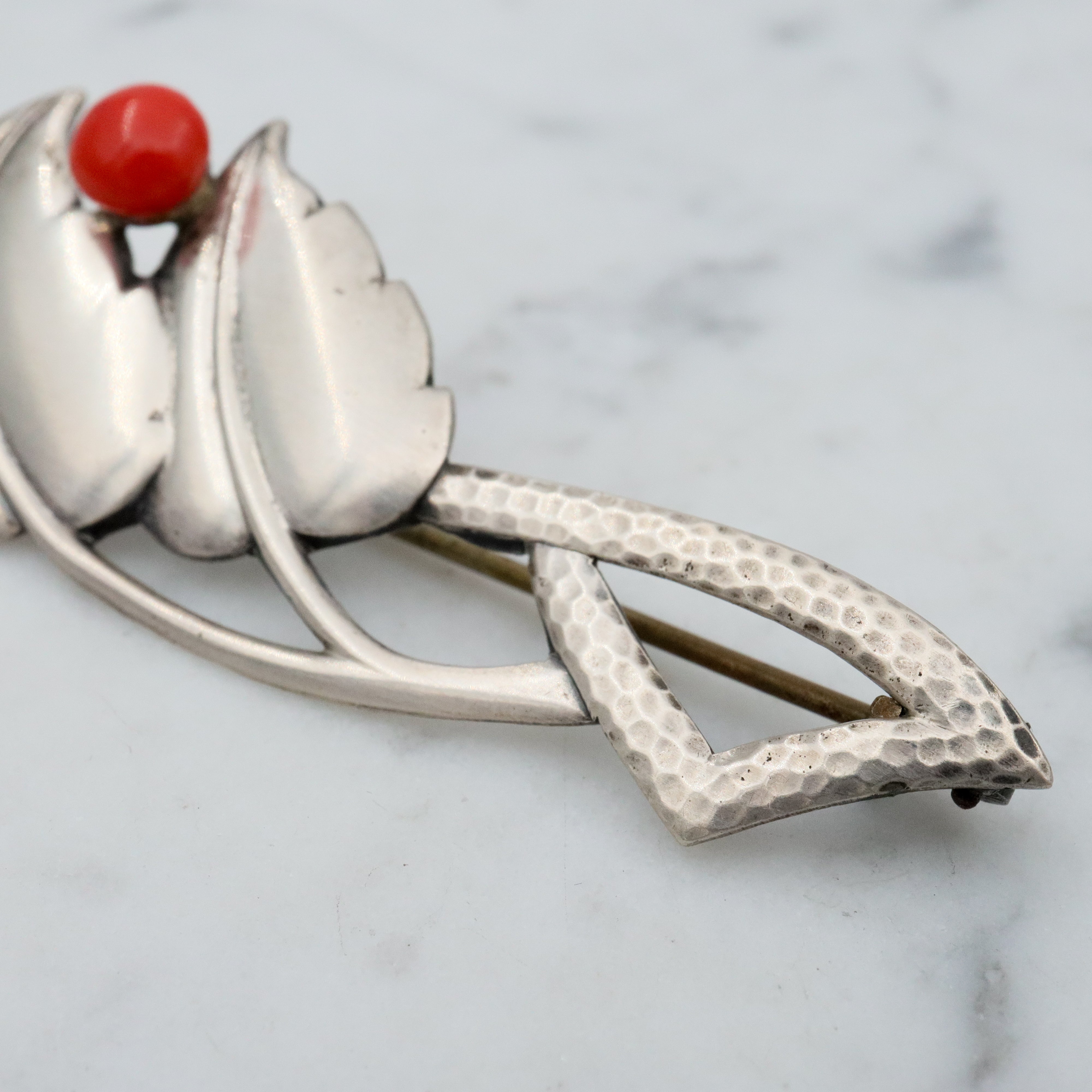 Antique Scandinavian Art Deco sterling coral leaf brooch